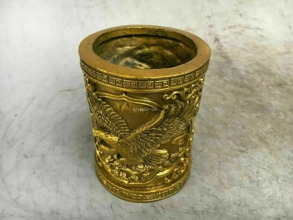 4'' brass copper carved animal eagle hawk brush pot tubular penrack