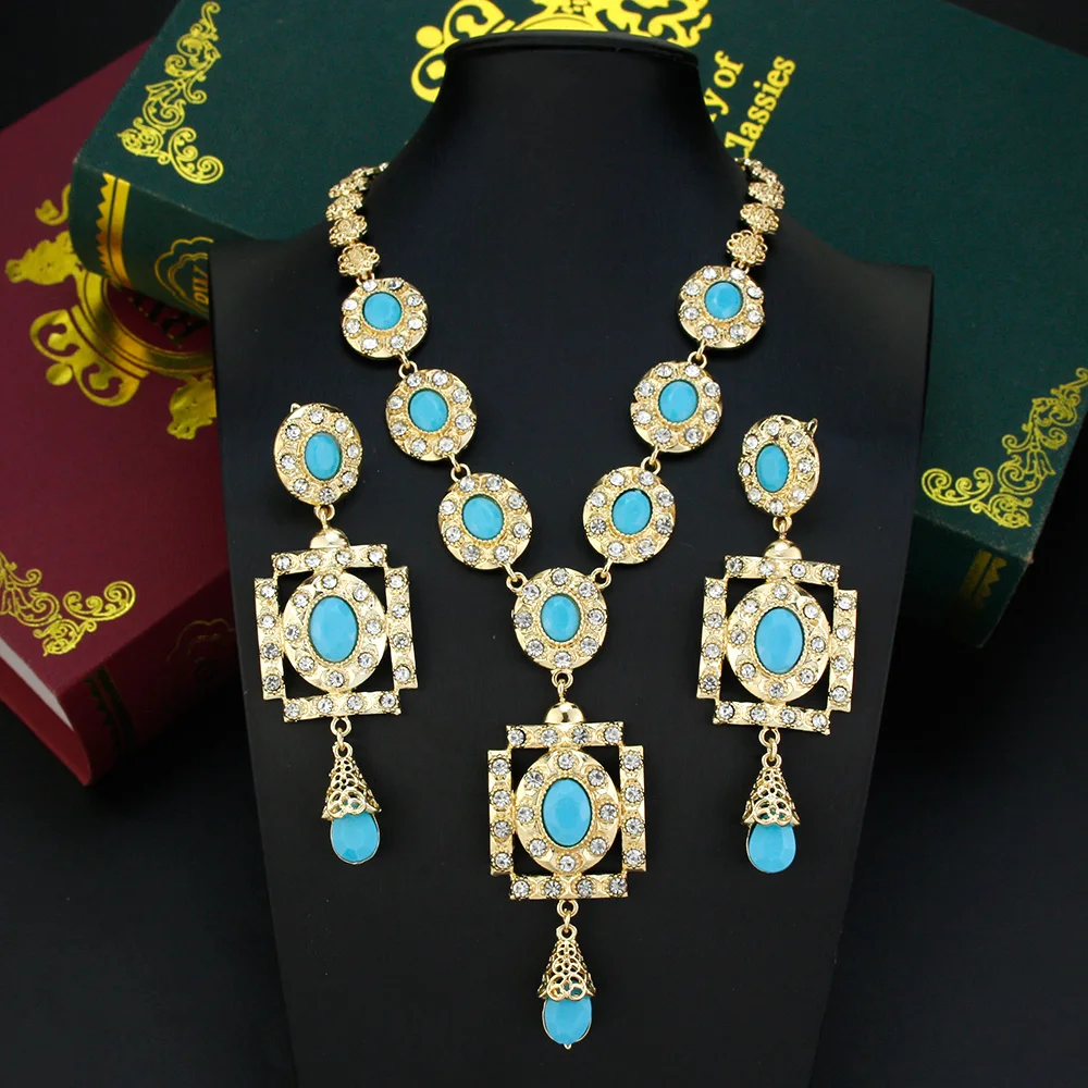 Gold Color Morocco Jewelry Sets for Women Square Pendant Charm Choker Necklace Big Drop Earring Arabic Bride Wedding Jewelry