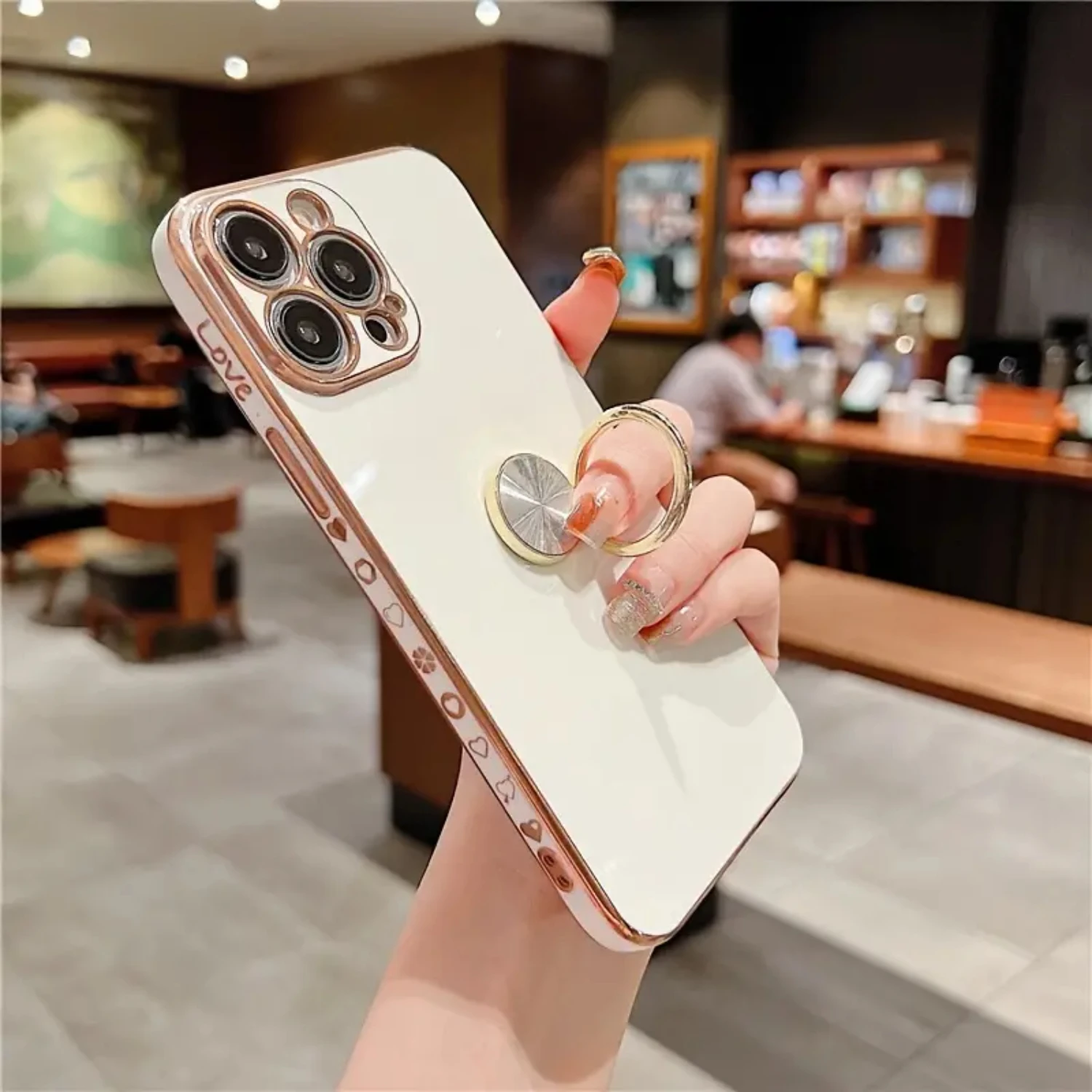 Stylish Electroplated Waterproof Shockproof Silicone Side Heart Ring Holder Phone Case for iPhone 14/14Plus/14Pro/14ProMax, 13/1