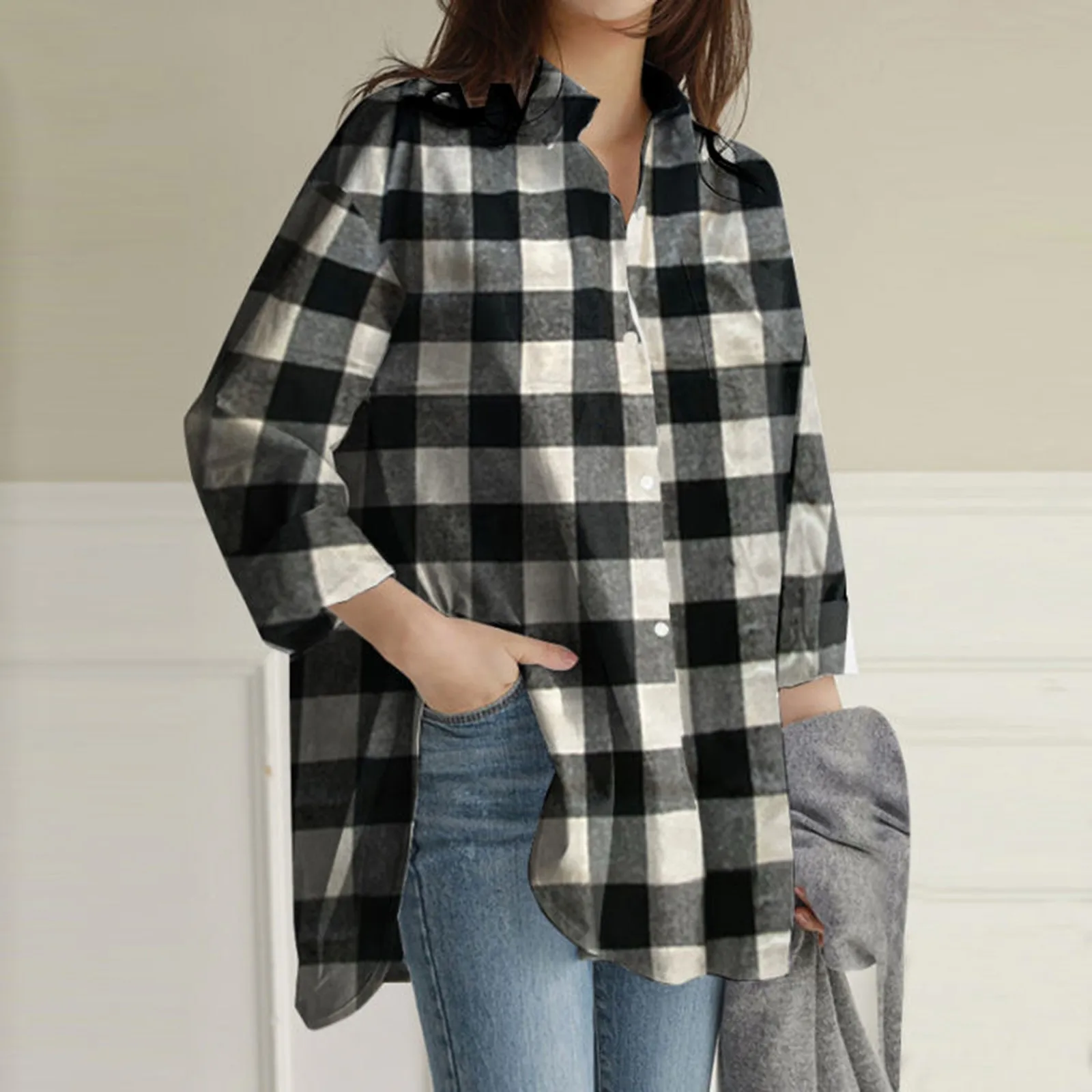 

Black White Grey Plaid Print Women Shirt Harajuku Long Sleeve Lapel Neck Blouse Oversize Loose Streetwear Single-Breasted Shirts