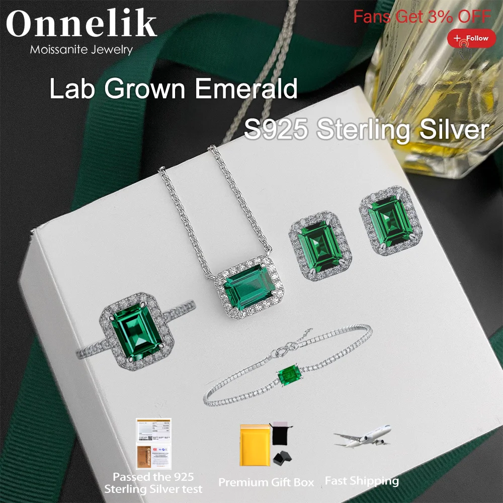 

Onnelik Real Lab Grown Zambia Emerald S925 Sterling Silver Ring/Earrings/Bracelet/Necklace for Women Wedding Fine Jewelry Set