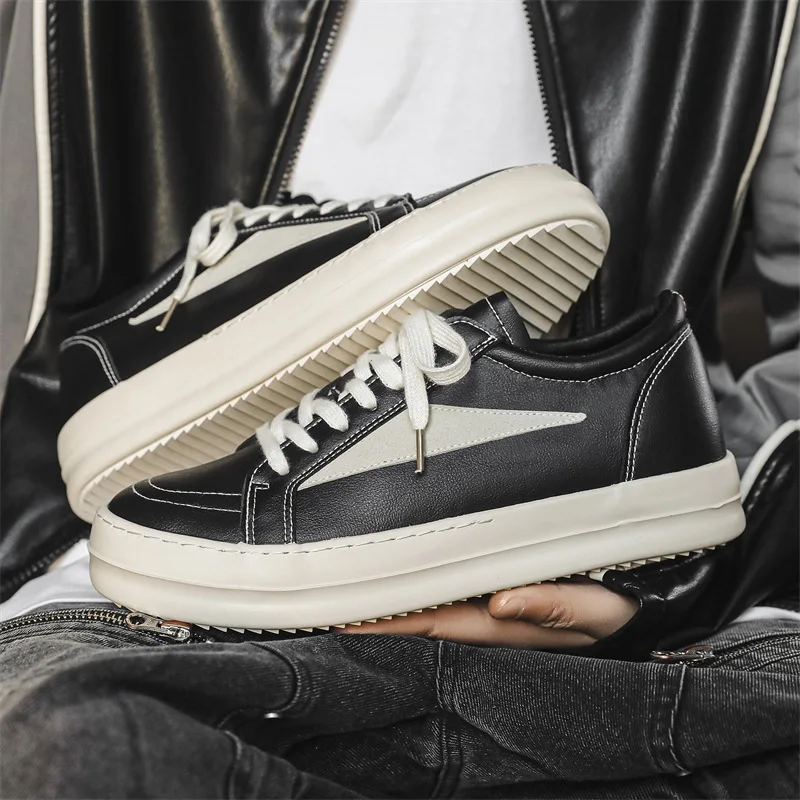 

New Shoes for Men PU Leather Casual Shoes Trend Thick-soled Flat Skateboard Shoes Youth Unisex Lace-up Sneaker 35-44