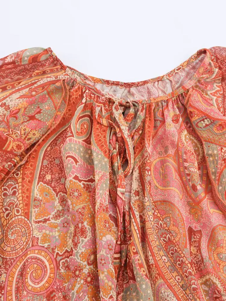 TFAFXY المرأة بلوزة أنيقة غير رسمية الأزهار طباعة الكشكشة مضيئة كم قمصان موضة جديدة ربيع الخريف عطلة البلوزات