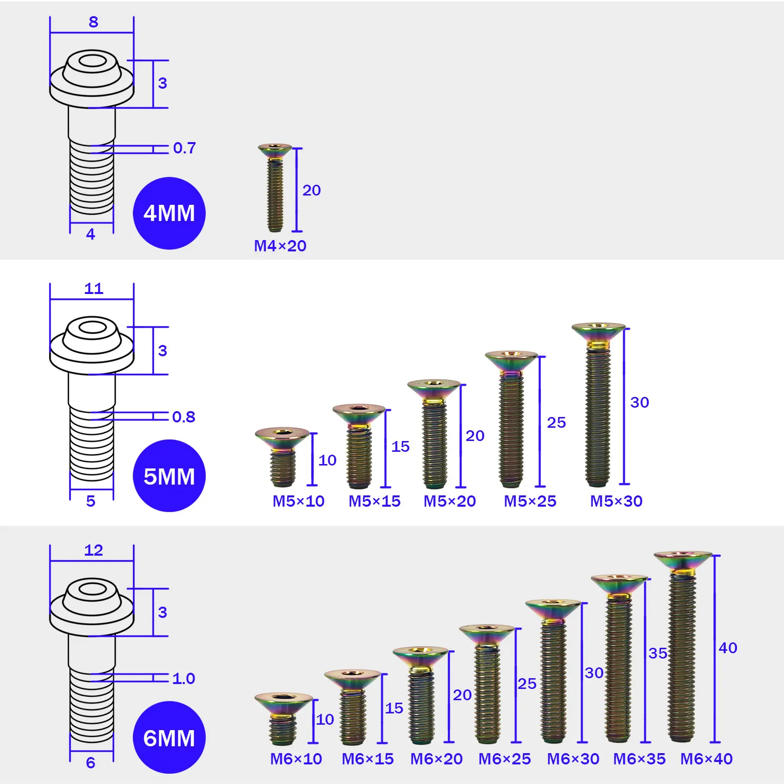 Titanium Countersunk Hex Bolts, M4 M5 M6 Flat Head Screws for 3D Printers Electronics Machinery & Bike Car Motorcycle DIY