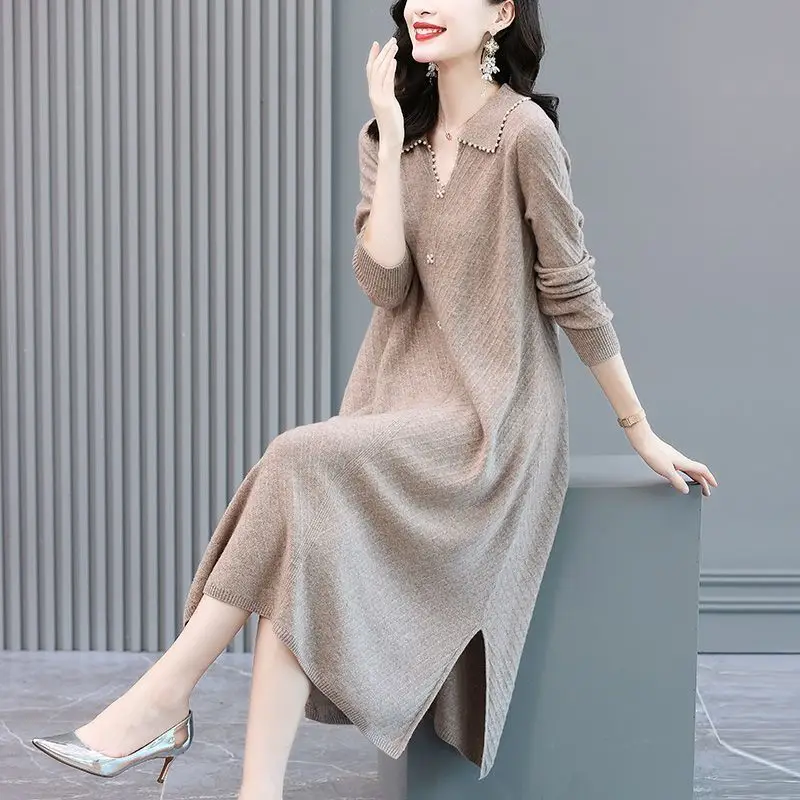 Basic Solid Color Knitted Midi Dress Women\'s Clothing Chic Beading V-Neck Autumn Winter Solid Color Loose A-Line Split Dresses