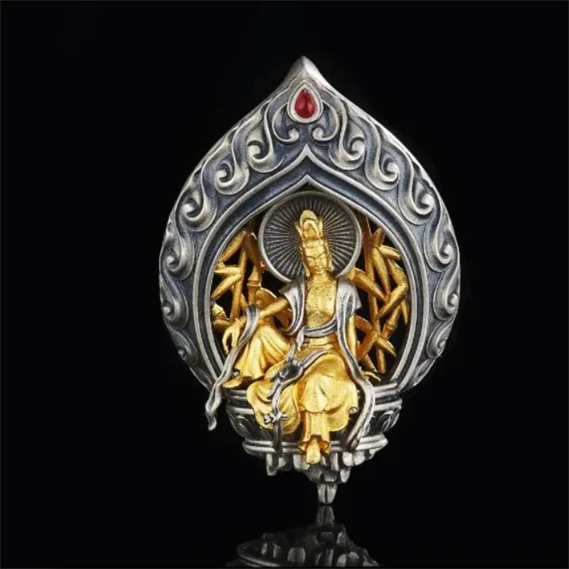 Blessing Avalokitesvara Bodhisattva Pendant For Men Jewelry Retro Relief Lotus Throne Buddha Necklace Male Choker Accessories