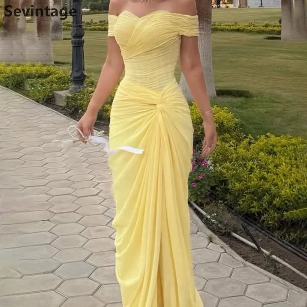 

Sevintage 2025 Yellow Maxi Mermaid Evening Dress Off Shoulder Chiffon Wedding Formal Prom Dress Dubai Party Gown Customized