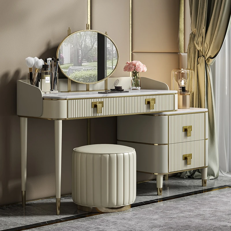 Furnistyle Luxury Postmodern Vanity Table Drawer Mirror White Leather Golden Finish Eco-friendly Customizable for Bedroom Use