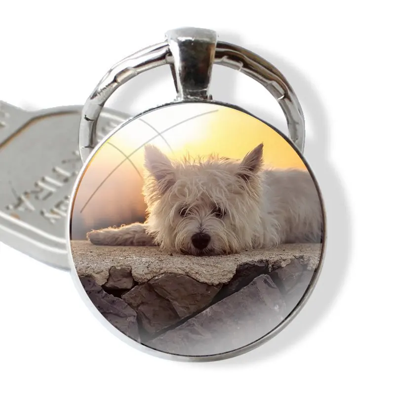 West Highland Terrier Westie Dog Glass Metal Pendant Key Chain Classic Men Women Key Ring Accessories Jewelry Gifts