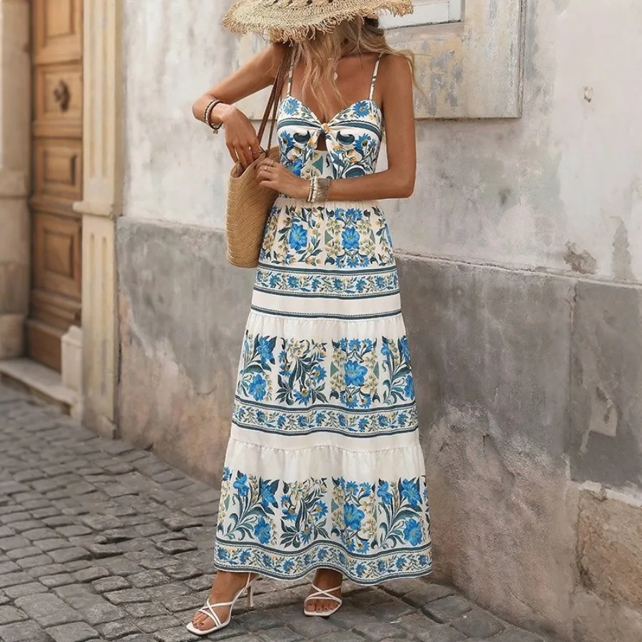 

Весна-лето 2026: новое богемное платье-халтер в европейском и американском этническом стиле с принтом