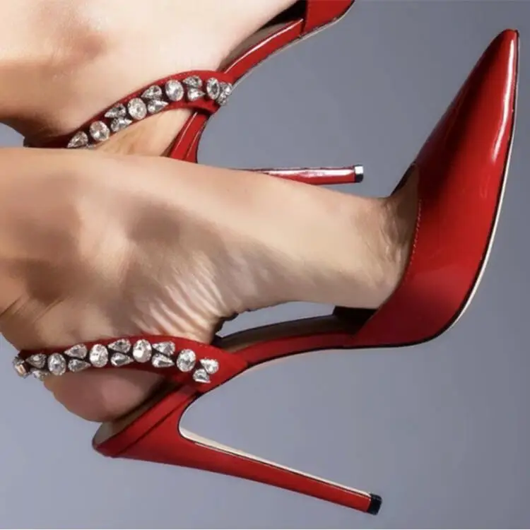 New Rose Red Water Diamond High Heels for Women with Thin Heels, Pointed Toes, and Headbands, Wearing Cold Slippers Outside