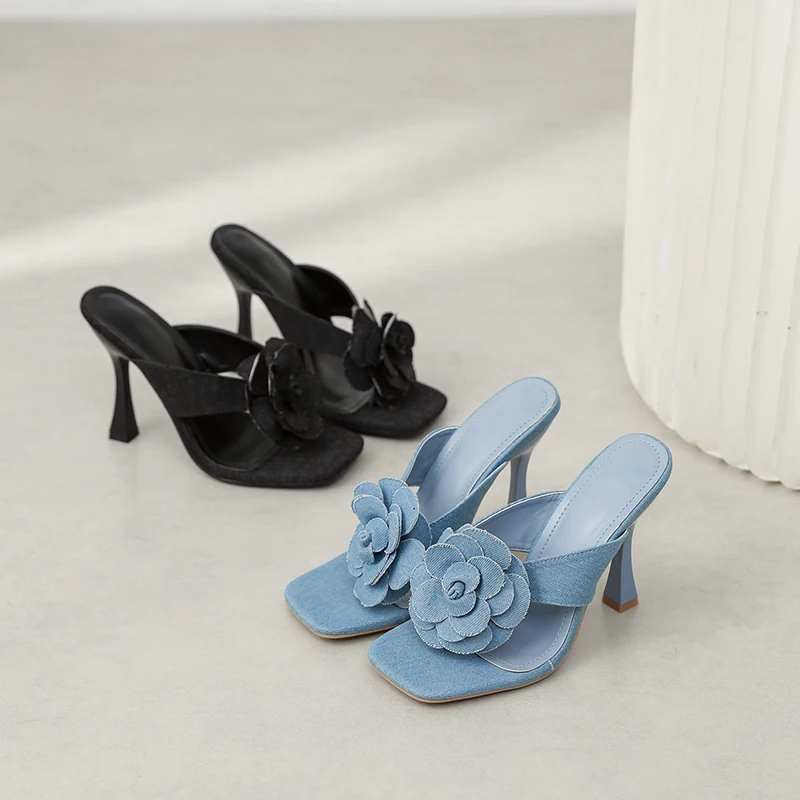 

New summer denim floral clip toes temperament high-heeled sandals drag heels square head non-slip fashion designer women's shoes