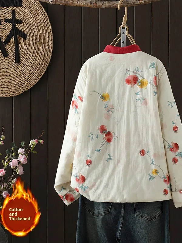 معطف Jaet نسائي من القطن بطباعة الأزهار الفنية مقاس كبير معطف الخريف والشتاء الصيني التقليدي بياقة واقفة...