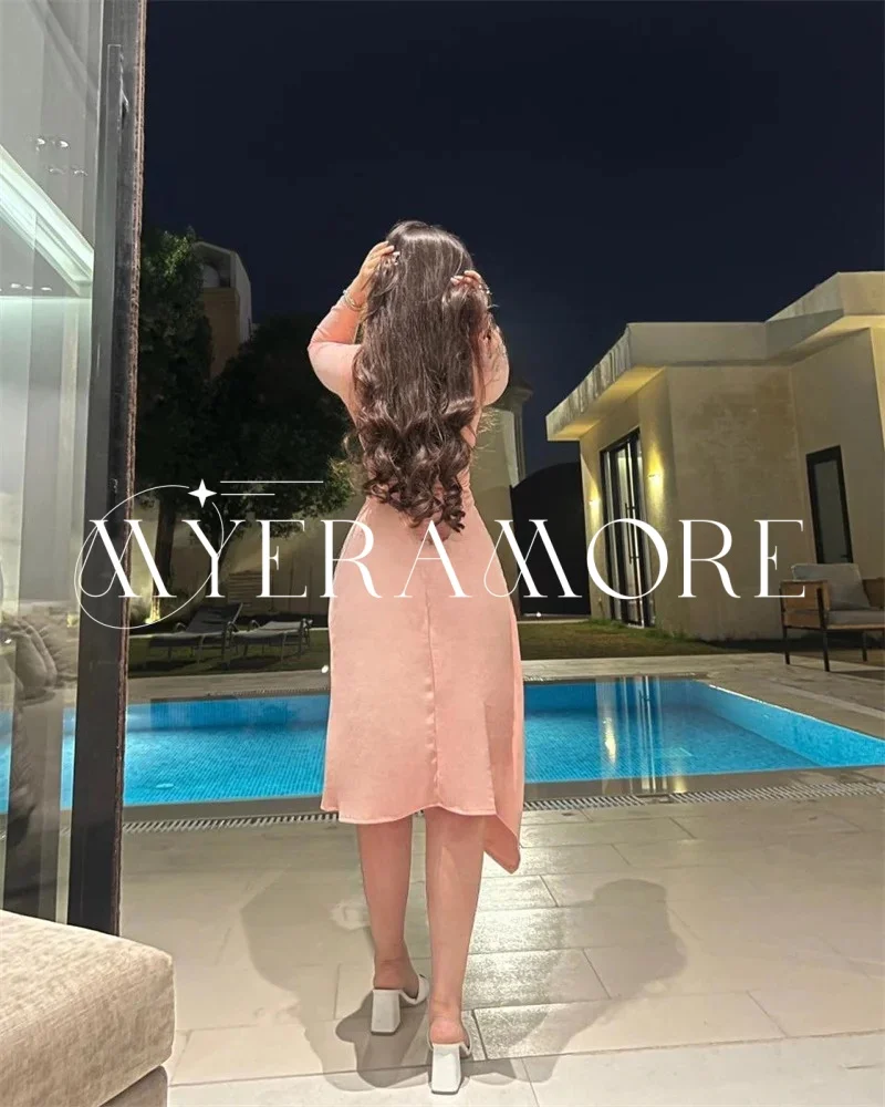 Eleganckie satynowe sukienki na studniówkę z długim rękawem, sukienki wieczorowe o długości do herbaty, falbany, suknie na przyjęcia weselne, szyte na miarę فساتين سهرة