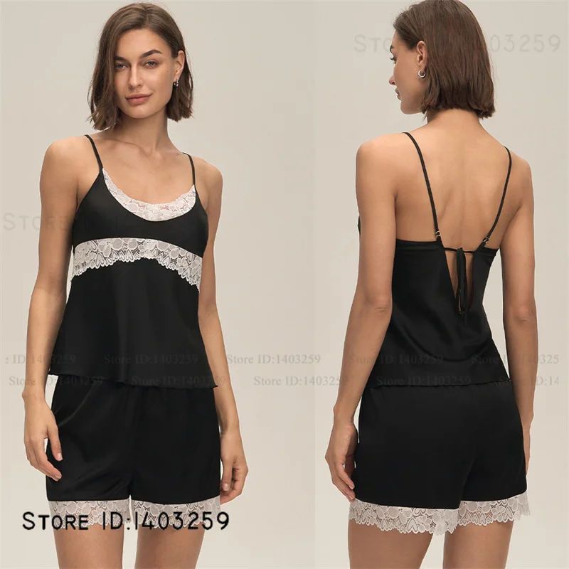 

Sexy Lace Suspender Pajamas Set Sleepweae Silky Satin Women Intimate Lingerie Strap Top&shorts Pijamas Suit Summer Homewear