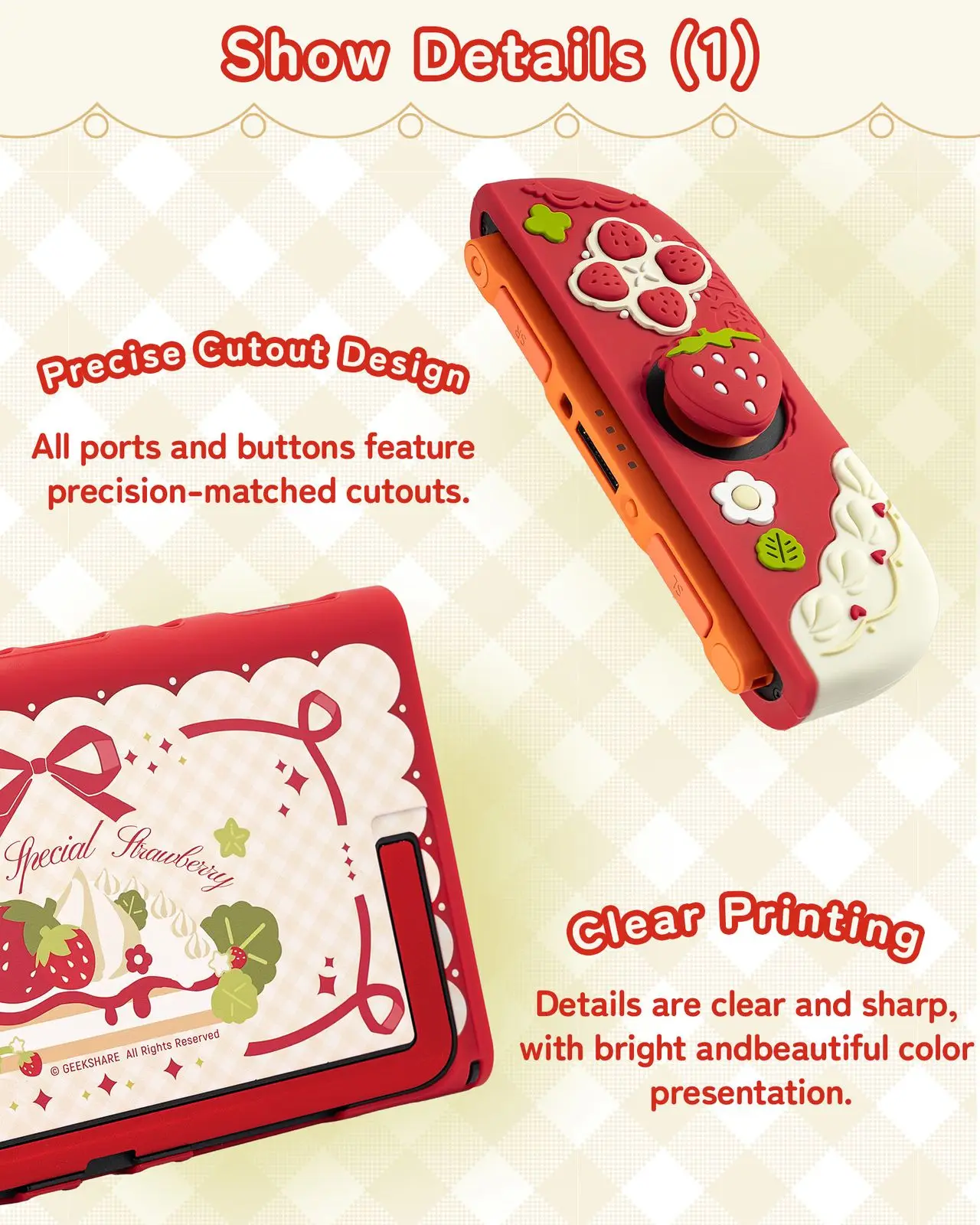 Fotografia 4: Geekshare primavera morango silicone capa protetora e capa joycon para switch 2 com 1 par de apertos de polegar personalizados