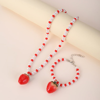 2pcs Cute Princess Strawberry Jewelry Set - Necklace & Bracelet with Red Bead Chain, Handmade Accessories for Kids & Girls