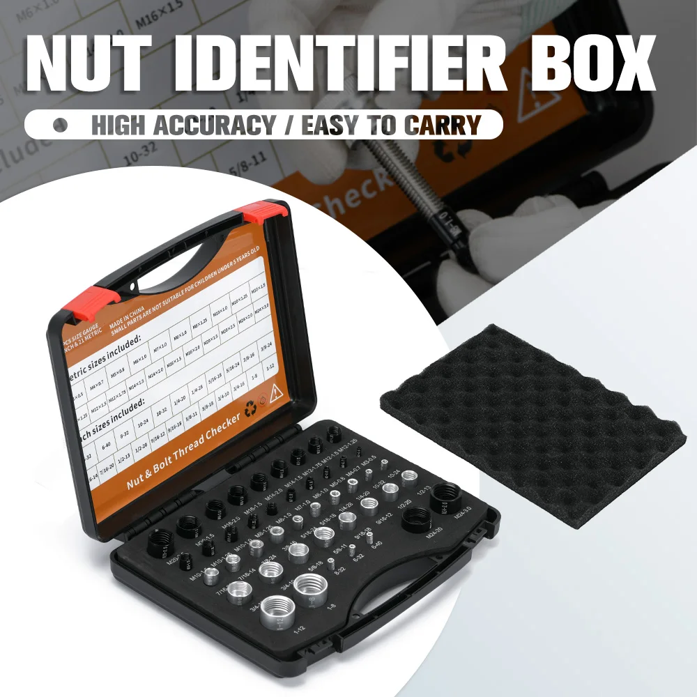 44PCS Nut & Bolt Thread Checker Tools Metric & Male Female Gauge Box Bolt/Nut Identifier Gauge with Storage Box