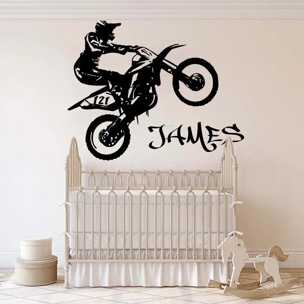 Custom Name Motorbike Wall Decal Boy Room Kids Room Personalized Name Scooter Autocycle Dirt Wall Sticker Bedroom Vinyl Decor