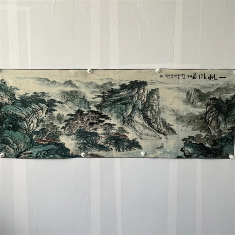 Chinese Old Color Brocade Landscape Painting 'Plain Sailing' Embroidery Artwork Decorative Wall Painting for Home Decor