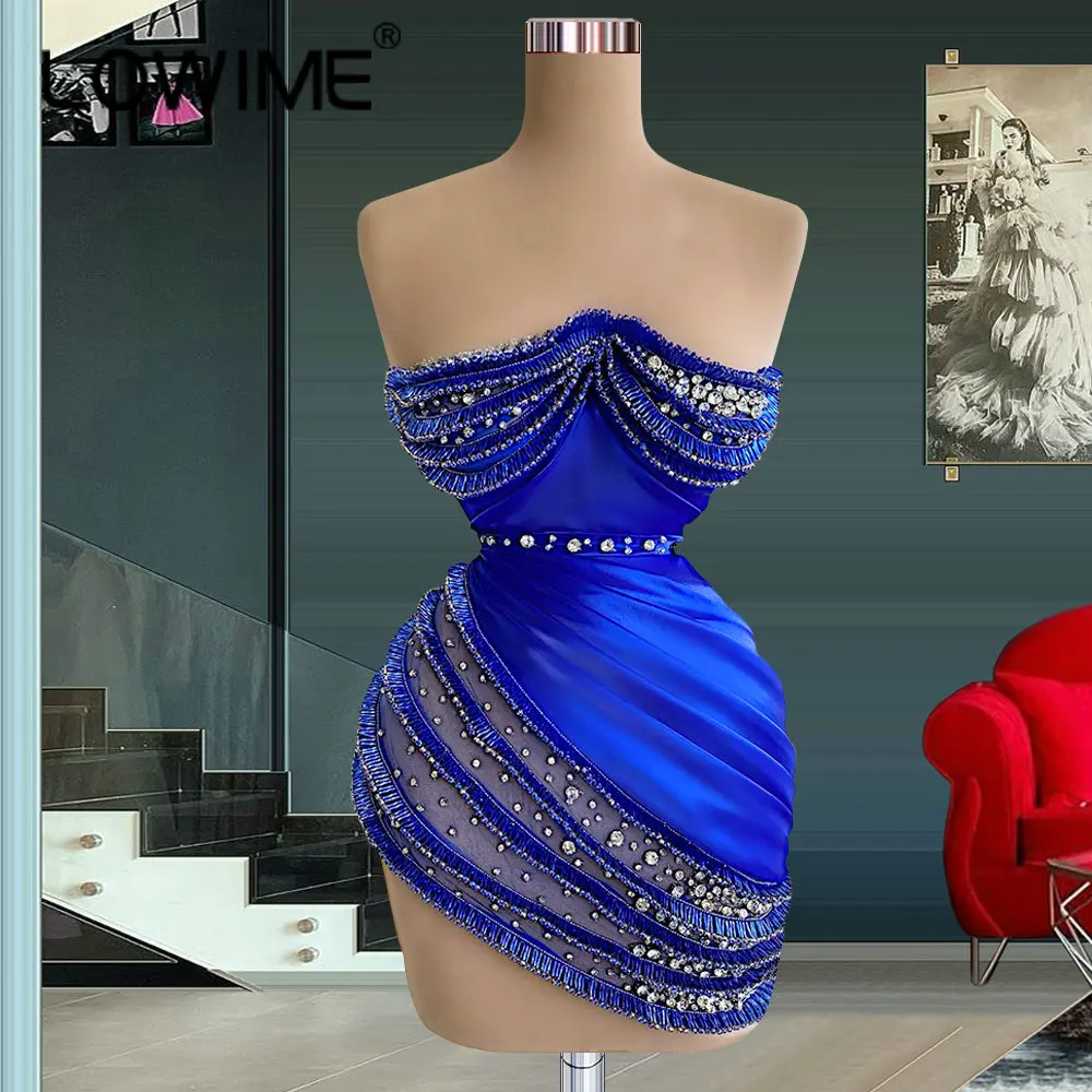 Blue Sexy Fashion Short Party Dresses Strapless Sleeveless Crystals Shiny Mini Length Women Prom Cocktail Dinner Club Gowns