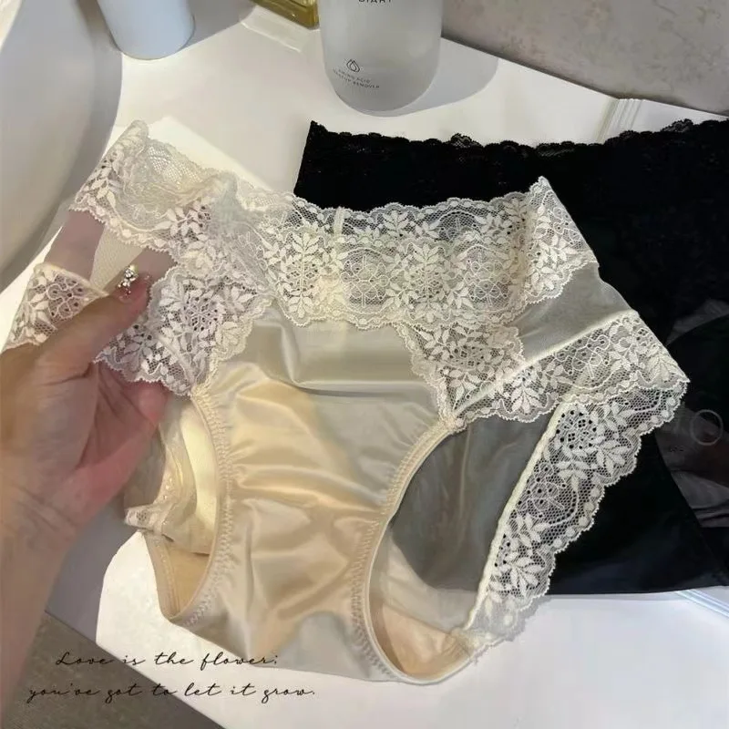 Luxury Satin Transparent High Elasticity Sexy Mesh Lace Underwear Women Breathable Seamless Soft Panties Elegant Smooth Breifs