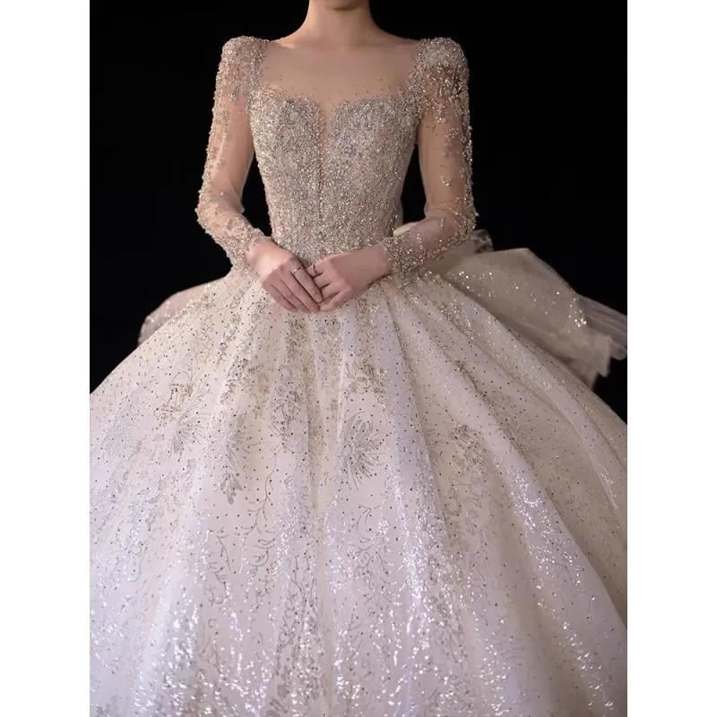 Luxury Long Sleeve Wedding Dress 2023 New Beading Shinning Wedding Gowns Sweep Train Sexy Back Vestido De Novia Customized