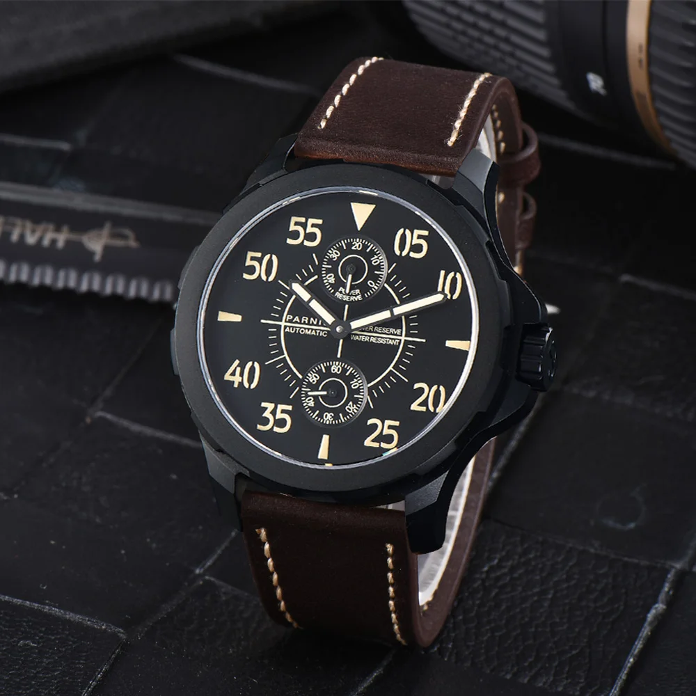 ファッションパーニス自動腕時計メンズ 44 ミリメートルブラックケース機械式時計パワーリザーブ自動日付男性トップの高級ブランドリロイやつ