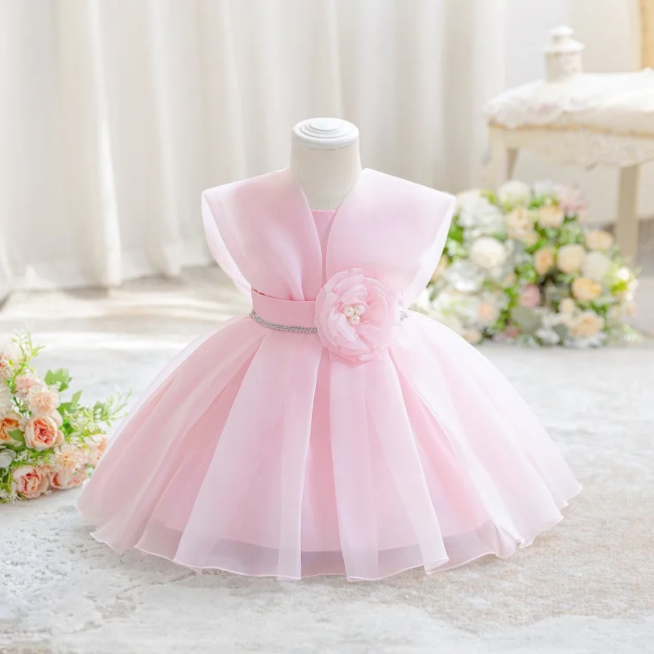 Toddler Pink Formal Dress 3D Pearl Flower Waist Decor Multi Layer Flared Puffy Skirt Kids Birthday Flower Baby Girl Dress ASQ03