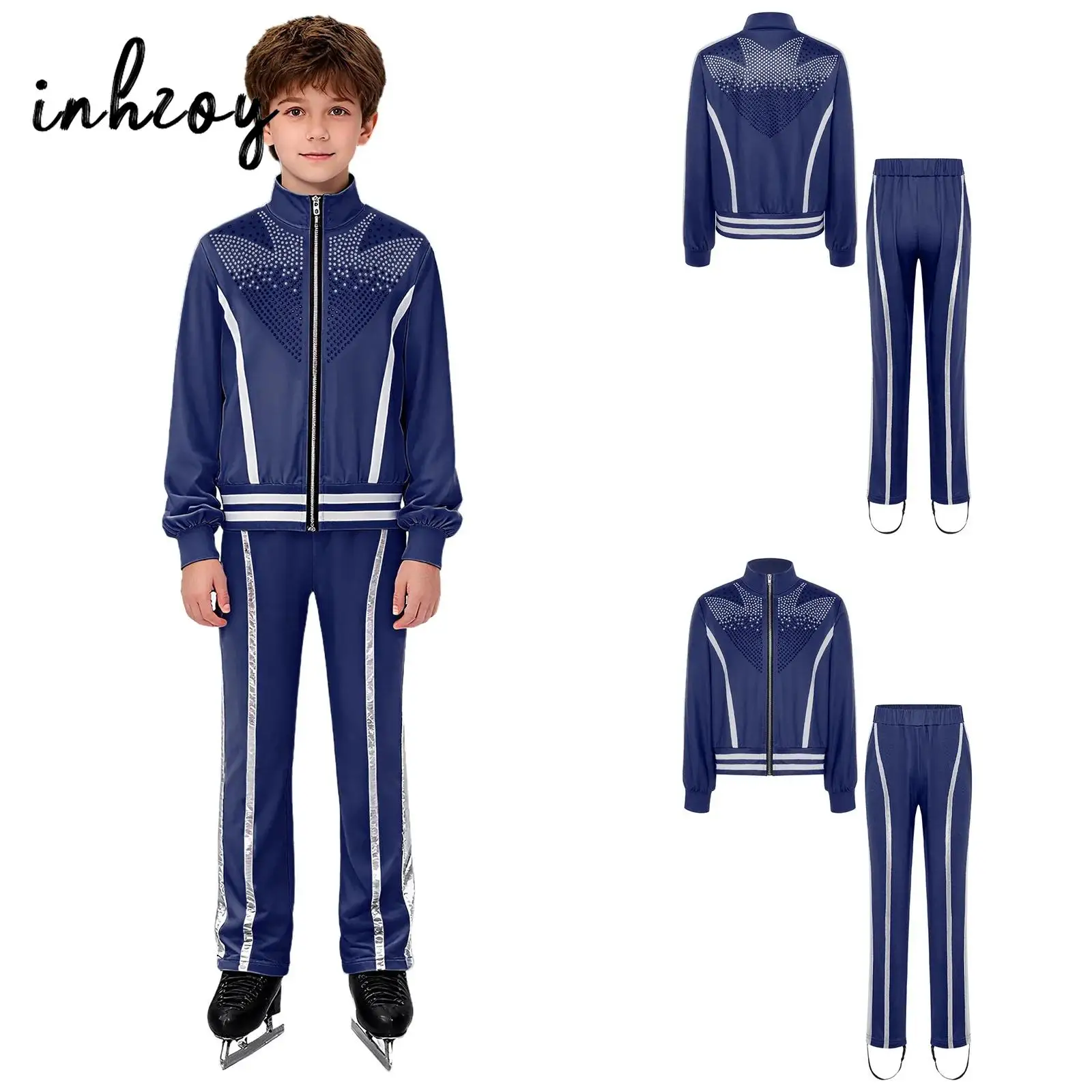 Conjuntos de patinaje artístico para niños, chándal deportivo, chaqueta con diamantes de imitación y pantalones, conjuntos para practicar actuación, espectáculo en escenario