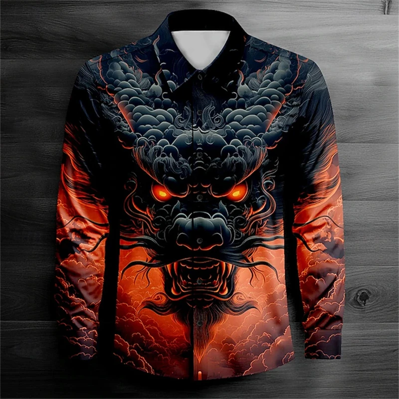 Fashion Men's Lion Printed Shirt Lapel Suit Long Sleeve Casual Outdoor Street Top 2025 New Soft Comfortable Breathable Shirt