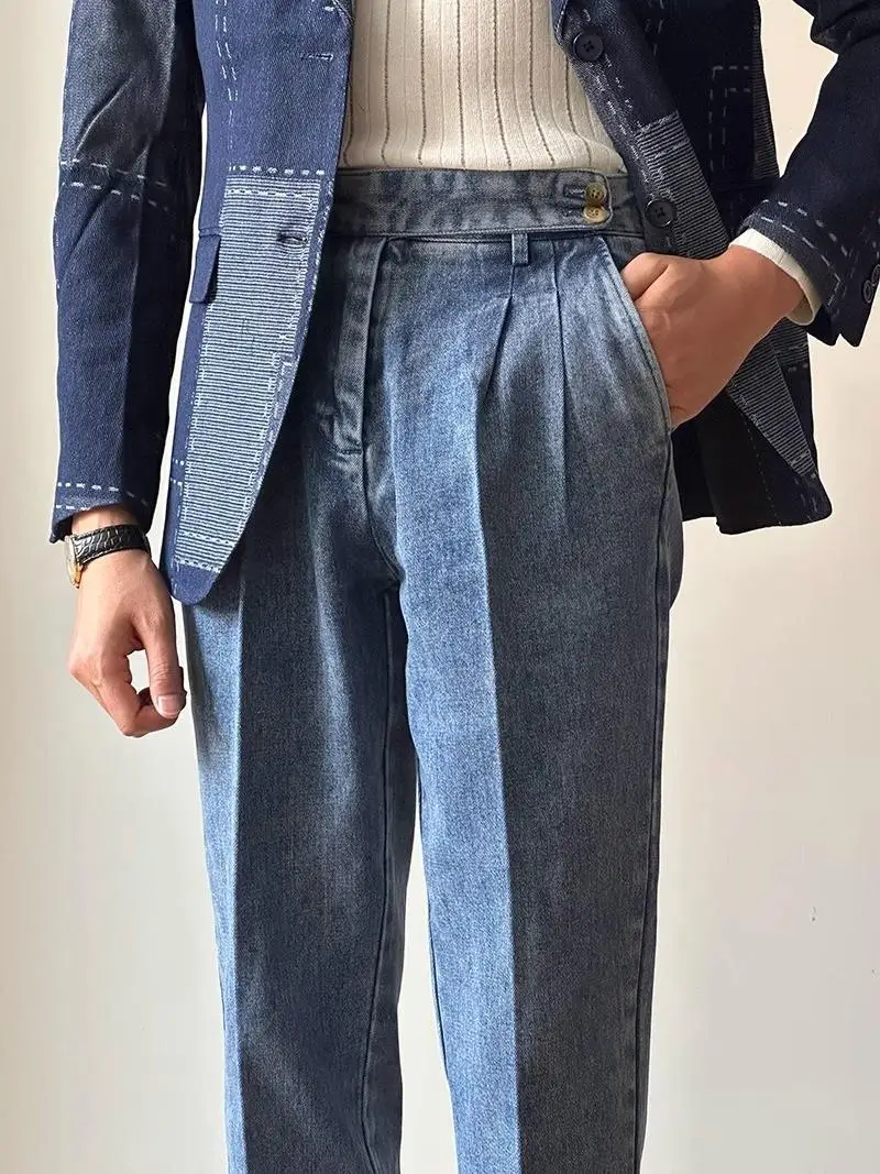 

Итальянские модные мужские джинсы прямого кроя с высокой талией, винтажные, с двойными складками, повседневные, длинные брюки