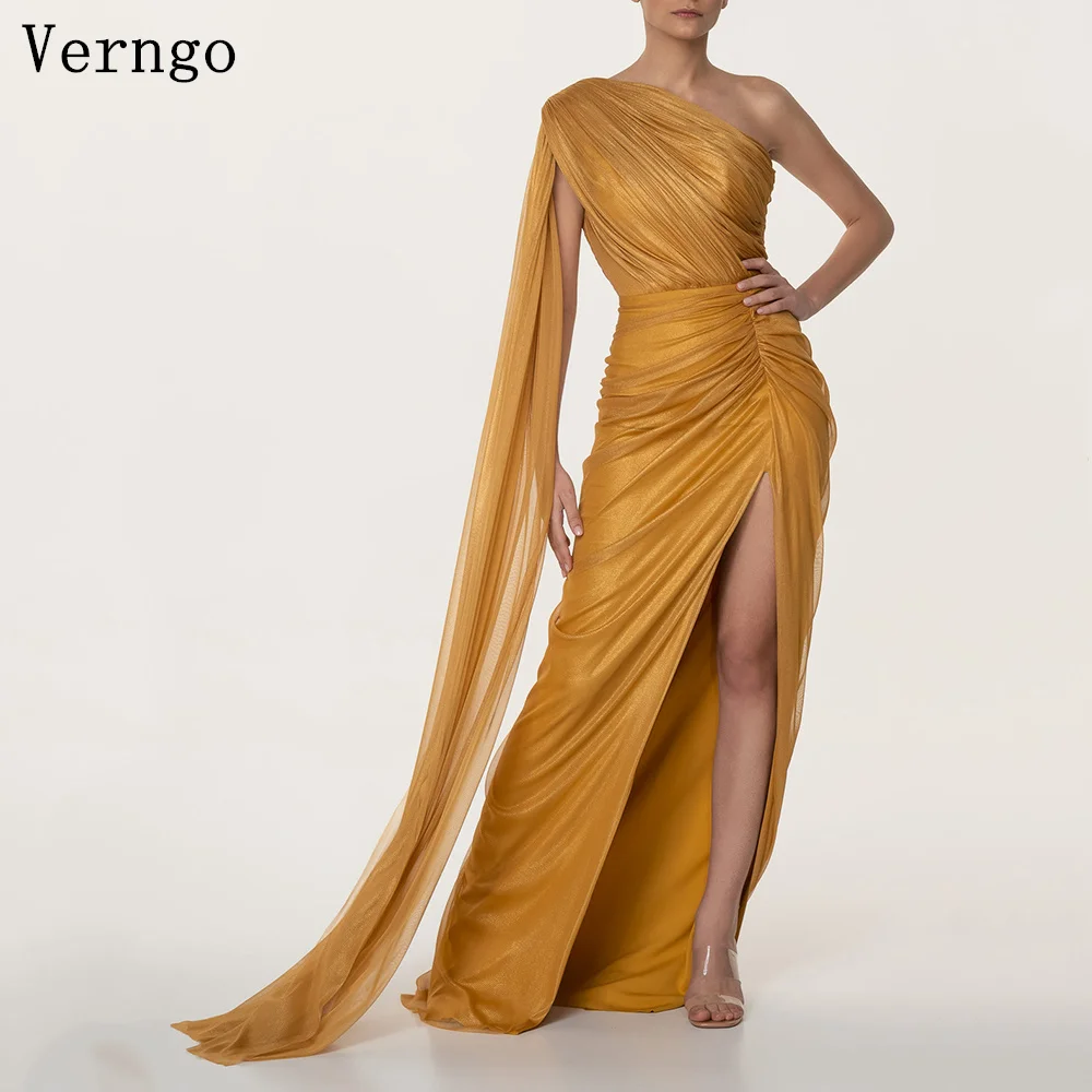 

Verngo Orange Silk Shiny Evening Dress One Shoulder Mermaid Formal Occasion Dress Side Slit Arabia Prom Gowns Customized