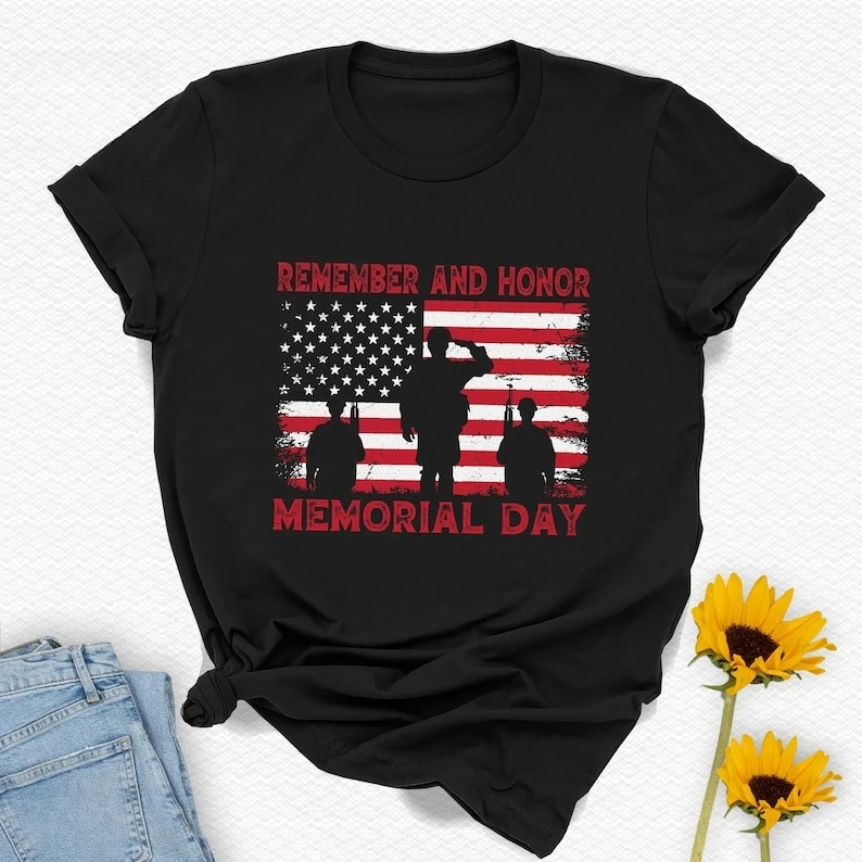 Memorial Day Flag T-Shirt: Remember & Honor High Quality Cottont Crewneck Tops Tee Shirt Short Casual Style Graphic T Shirts