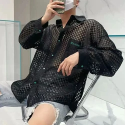 Summer New Fashion Mesh Checker Shirt All-match Men's Hollow Breathable Mesh Long-sleeved Sun Protection shirts Trend UV Tops