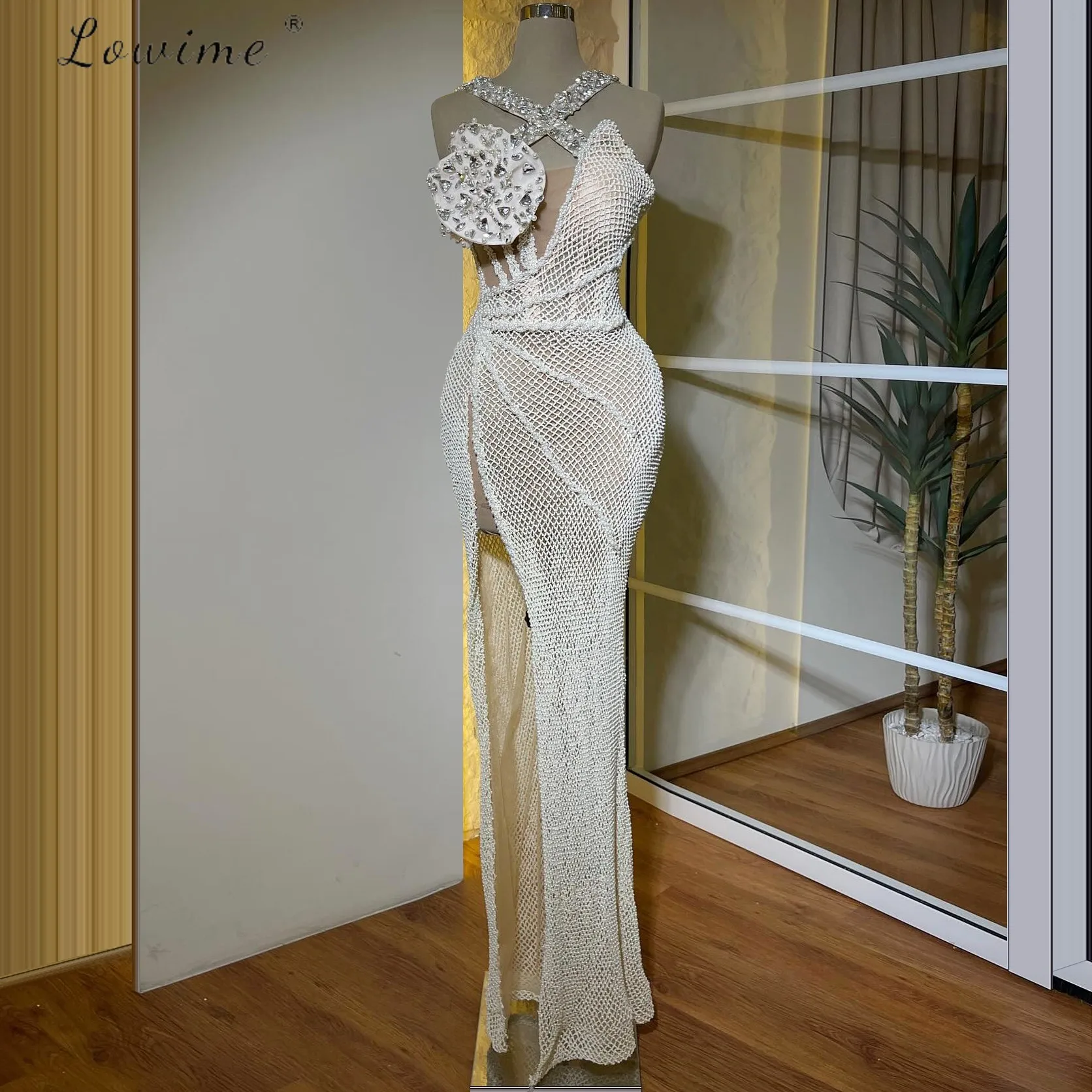 

Exquisite 3D Flower White Grid Evening Dress Formal Evening Gowns Luxury Beading Prom Dresses