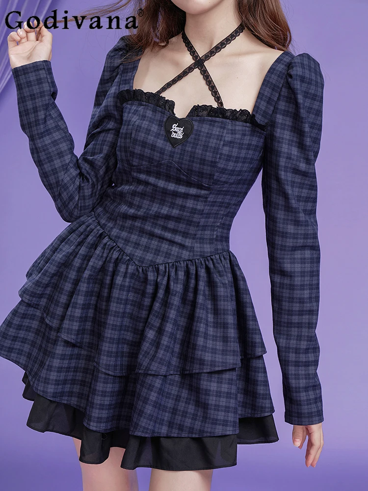 

Halloween New Dark Blue Black Plaid Goth Loli Long Sleeve Halter Neck Dress Sweet Girl High Waist A-line Princess Cake Dresses