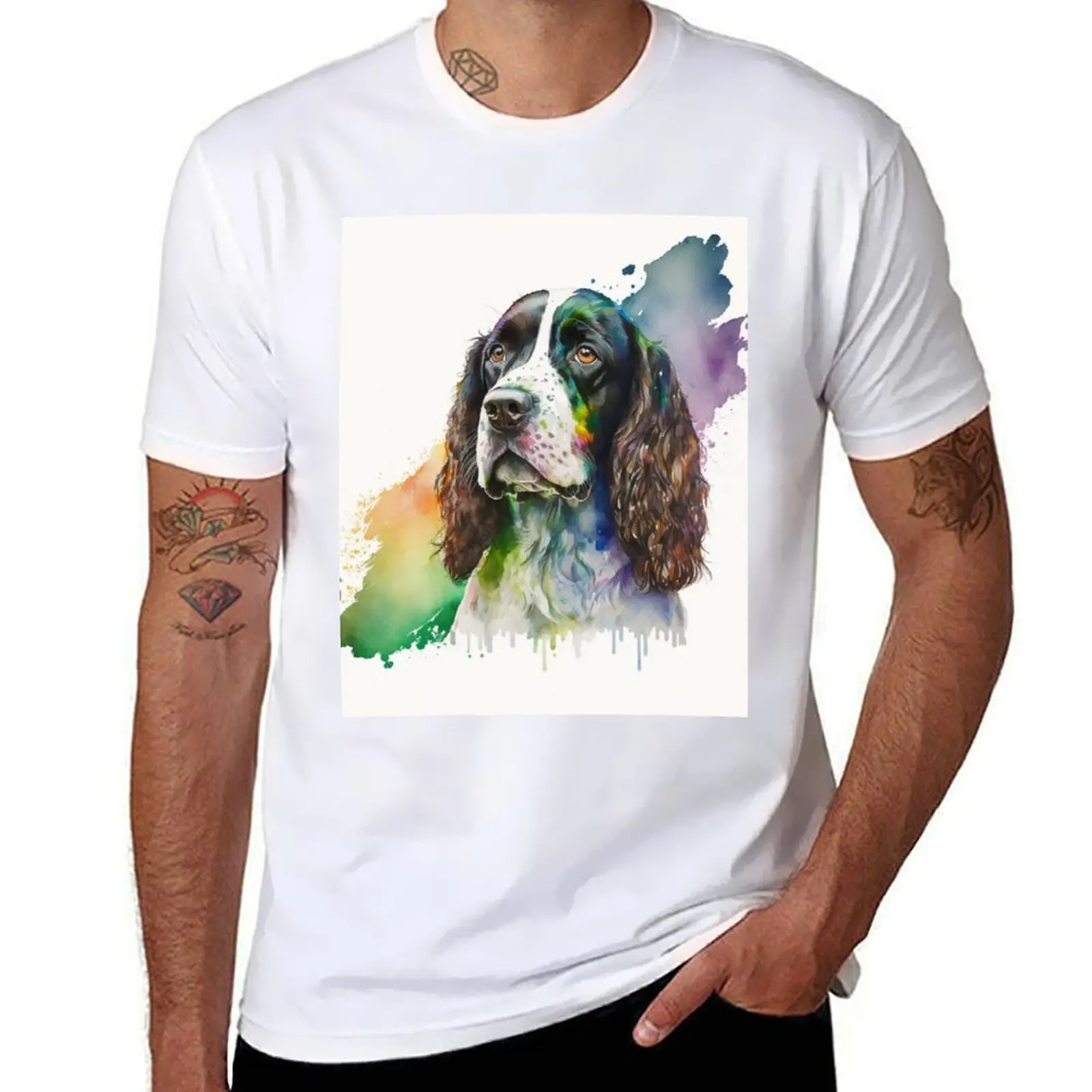 Watercolor English Springer Spaniel Digital Art T-Shirt t shirts with prints t shirt for man 100 percent cotton