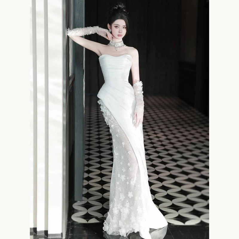 

Chic Mermaid Illusion Weightless Wedding Dresses Sexy High Split Vestido De Noiva Elegant Strapless Bridal Dress