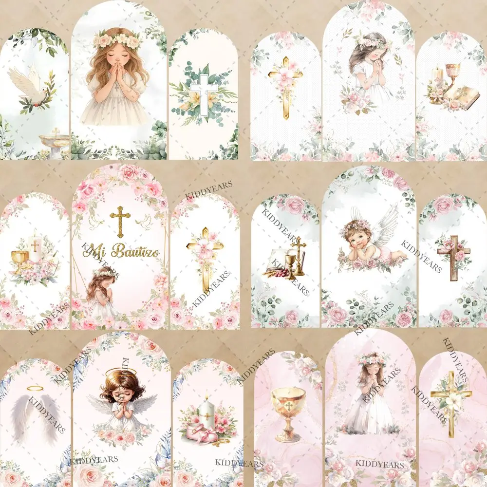 Girl My Baptism Arch Wall Backdrop Cover Bible Cross Pink Floral Leaves First Holy Communion Party Decor God Bless Background