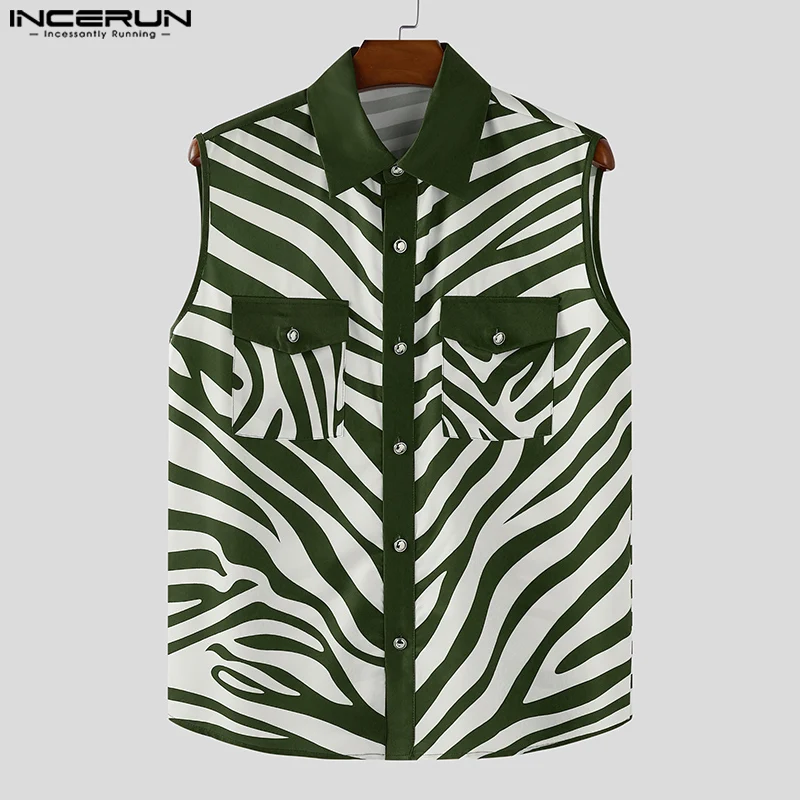

INCERUN Мужская рубашка с принтом на лацканах без рукавов и карманами на пуговицах, повседневная мужская одежда, летняя уличная одежда, свободные мужские топы, модные майки