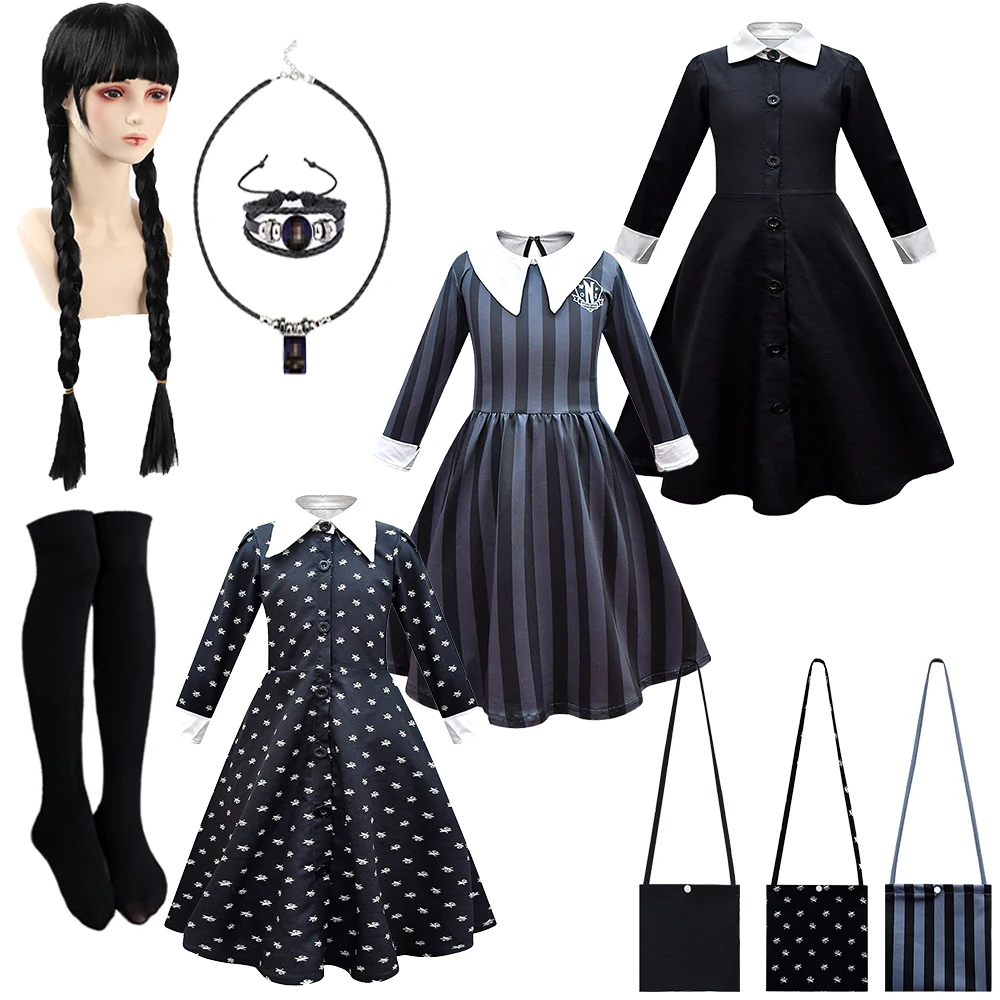 

2-12Y Halloween Carnival Party Girls Wednesday Cosplay Costume Addams Young Girls Gothic Black Dresses Festive Princess Dress Up