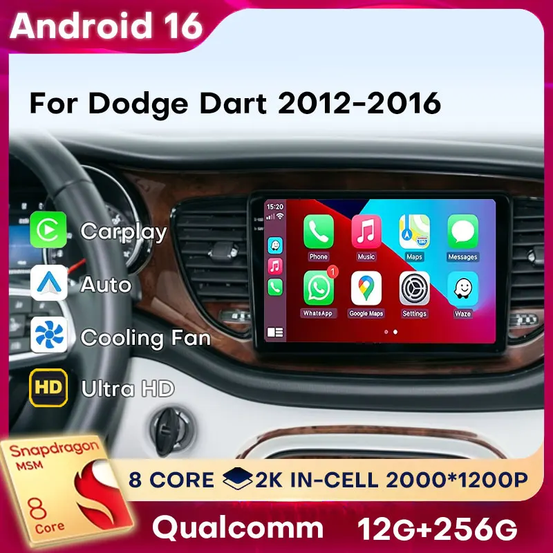 Radio para Auto Android 16 para Dodge Dart 2012-2016, Reproductor Multimedia Estéreo, Navegador GPS, DSP, RDS, Unidad Principal, Carplay Inalámbrico, Auto QLED, DTS