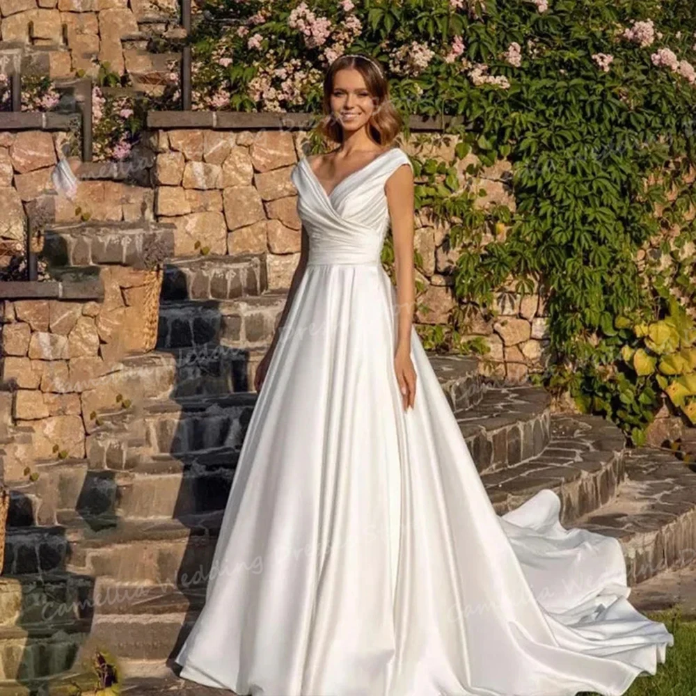 Classic Pleat Satin Wedding Dresses  A Line Sexy V Neck Sleeveless Backless Women's Bridal Gowns Elegant Sweep Train Vestidos