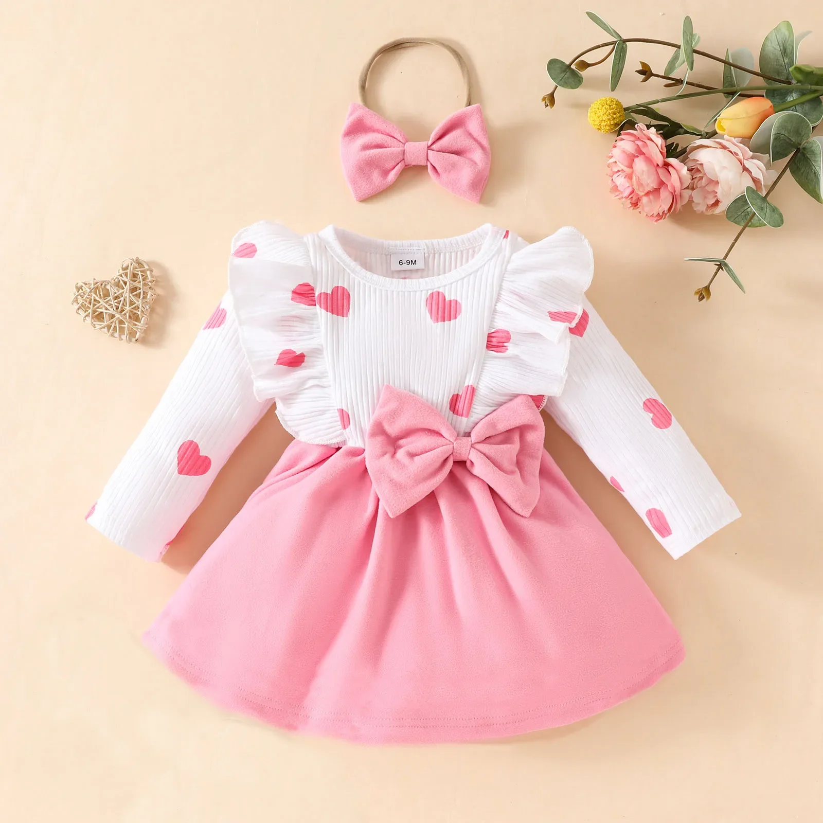 Valentine\'s Day Baby Clothes 0-3Y Girls Outfits Infant Heart Print Dress with Bow Headwear 2Pcs Toddler Cute Princess Dress