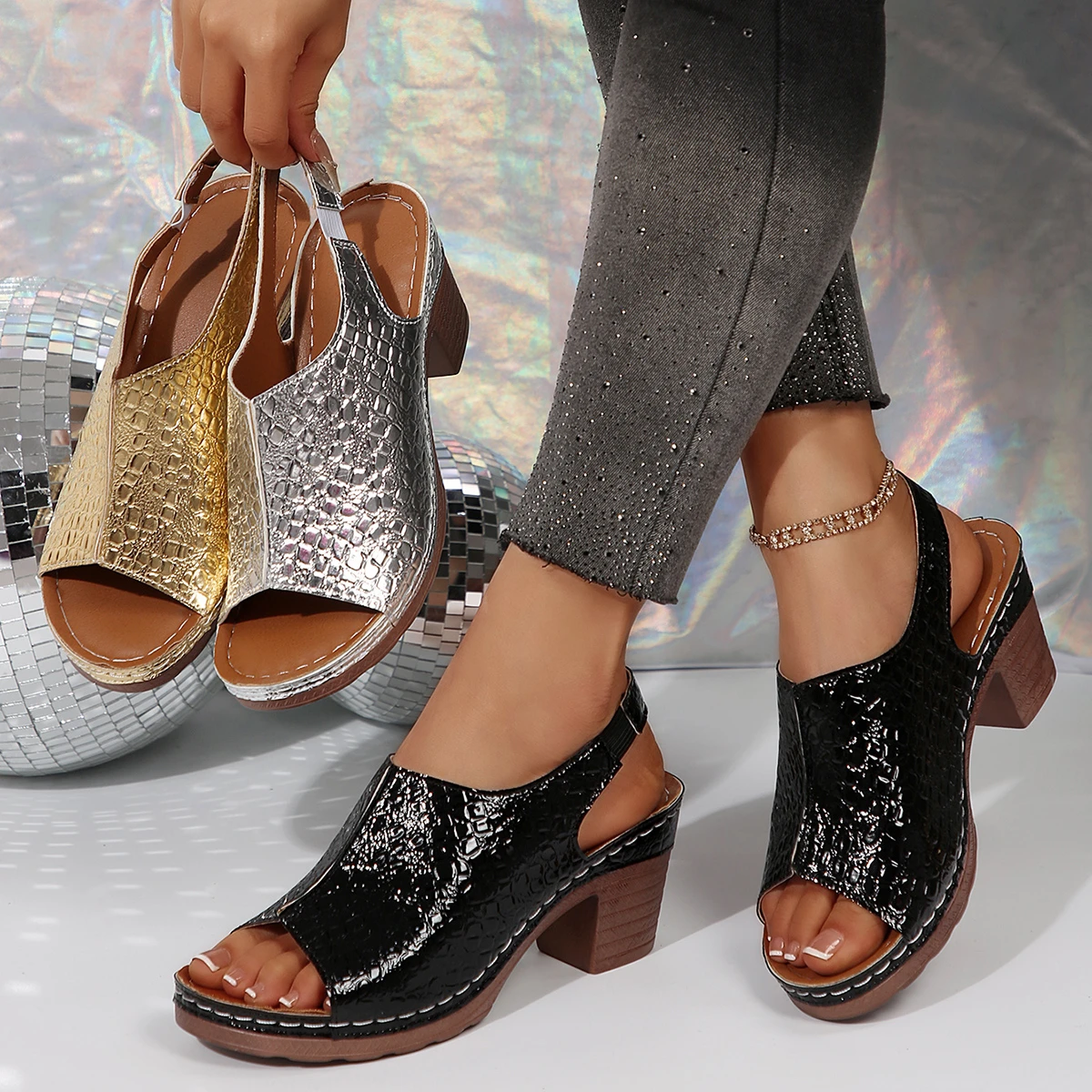 

Women Sandals Summer Retro Solid Color Leather Slope Heel Sandals Women Thick Bottom Large Size Fish Mouth Flat Shoes for Women
