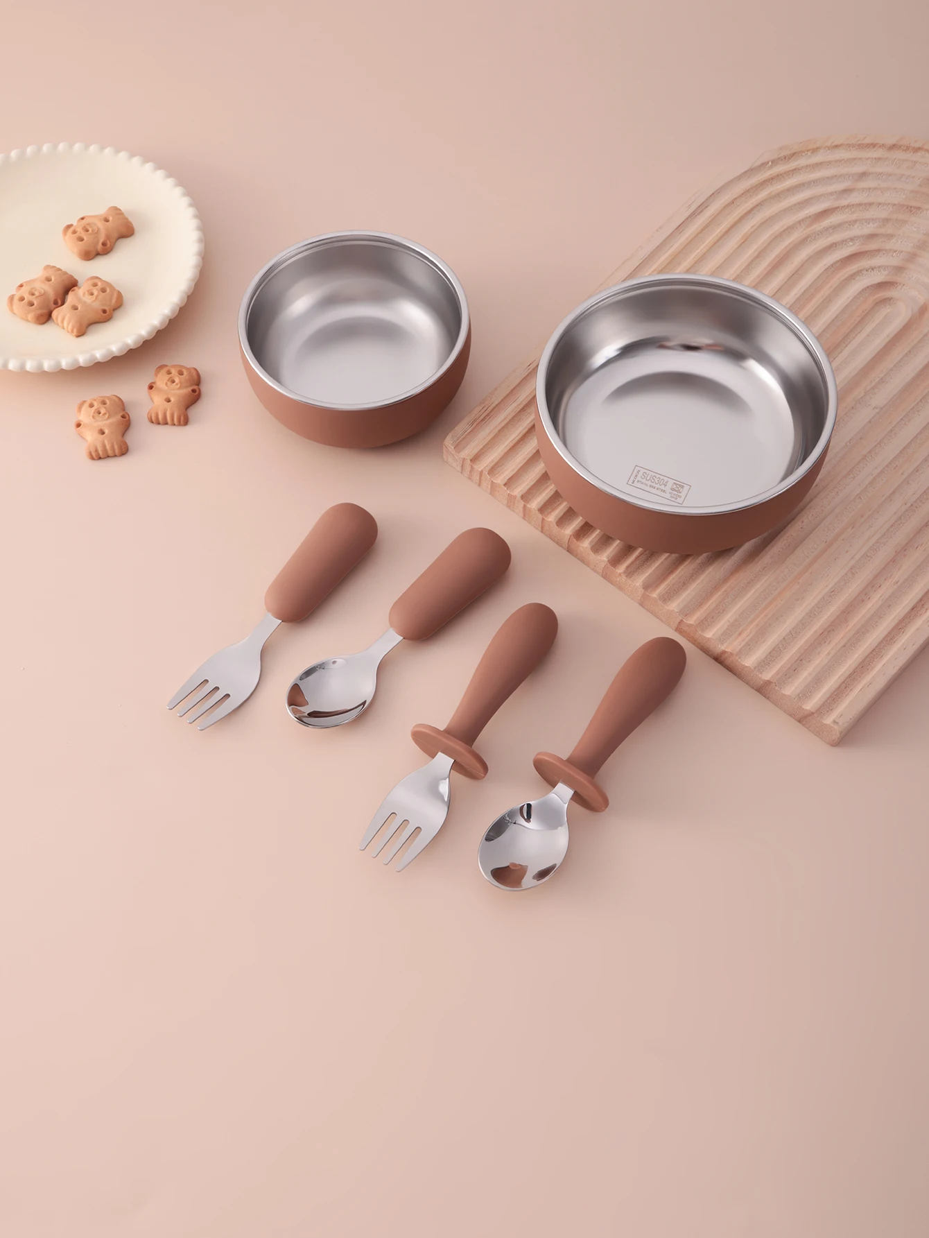 

6PCS Stainless Steel Bowl Fork Spoon Set BPA Free Baby Feeding Silicone Weaning Tableware Detachable Design Infant Utensils