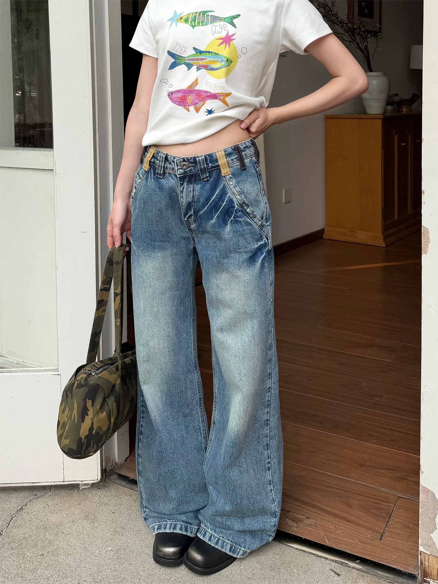 

Don Cry Color Block Waist Straight Leg Jeans Men's Loose Long Pants Casual Washed out Jeans Cotton Polyester Blend
