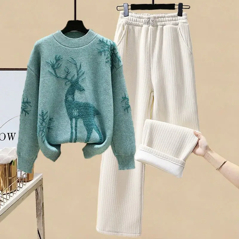 Cartoon Embroidery Round Neck Knitted Sweater Pullover Thick Wide Leg Pants Two-piece Set Elegant Women\'s Pants Set Outfits