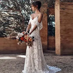 Vestidos De Novia De encaje bohemio con cuello en V, vestidos largos con tirantes finos, línea A, tren De barrido, Vestido De Novia Elegante con cordones en la espalda, nuevo estilo